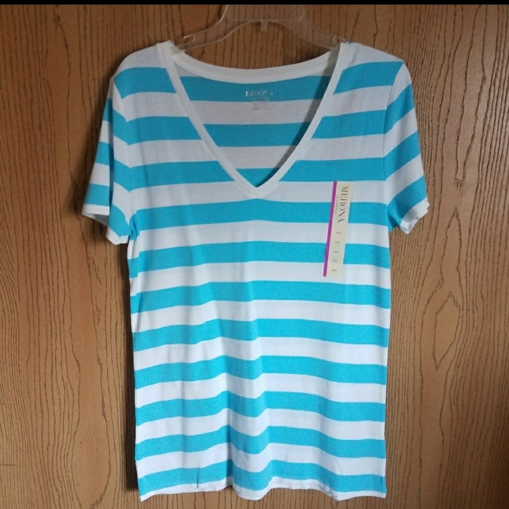 Merona V neck striped 100% cotton T shirt  top - Picture 5 of 7